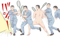 Rule 34 | 1boy, abe takakazu, ass, bad id, bad pixiv id, jaga note, kuso miso technique, male focus, nude, racket, tennis, tennis racket, unzipped, yaranaika