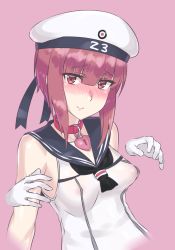 Rule 34 | 10s, 1girl, aged up, blush, breasts, brown eyes, brown hair, collar, disembodied limb, dress, hat, kantai collection, looking at viewer, medium breasts, mizuumi (bb), sailor dress, sailor hat, short hair, sleeveless, smile, solo, white hat, z3 max schultz (kancolle)