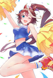 Rule 34 | 1girl, animal ears, arm up, armpits, bare shoulders, blue eyes, blue shirt, blue skirt, bow, breasts, cheerleader, commentary request, confetti, ear ornament, foot out of frame, hair between eyes, highres, holding, holding pom poms, horse ears, horse girl, horse tail, long hair, medium breasts, midriff, nabe puyo, navel, one eye closed, open mouth, pink bow, pleated skirt, pom pom (cheerleading), pom poms, ponytail, red footwear, shirt, shoes, simple background, skirt, sleeveless, sleeveless shirt, smile, sneakers, socks, solo, tail, tokai teio (umamusume), umamusume, very long hair, white background, white socks