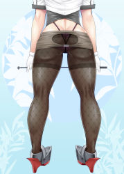Rule 34 | 10s, 1girl, arms at sides, ass, ass cutout, ayato, back, back-seamed legwear, black panties, black pantyhose, blue background, butt crack, clothing cutout, crotch seam, fishnet pantyhose, fishnets, floral background, from behind, gloves, grey skirt, highres, kantai collection, katori (kancolle), kneepits, legs apart, micro panties, microskirt, panties, panties under pantyhose, pantyhose, pointer, rudder footwear, seamed legwear, shoes, short sleeves, skirt, solo, spanking skirt, standing, thighband pantyhose, underwear, white gloves