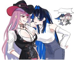Rule 34 | 2girls, arm on another&#039;s shoulder, armpits, black hair, blue eyes, breasts, chibi, chibi inset, colored inner hair, cowboy hat, cowgirl (western), detached sleeves, eus ing, hair intakes, hat, high-waist pants, hololive, hololive english, large breasts, long hair, mori calliope (sheriff), multicolored hair, multiple girls, ouro kronii, ouro kronii (casual), pants, pink hair, shirt, very long hair, virtual youtuber, white shirt