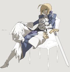Rule 34 | 1girl, ahoge, armor, armored boots, armored dress, artoria pendragon (all), artoria pendragon (fate), blonde hair, blue bow, blue dress, boots, bow, braid, breastplate, closed mouth, crown, unworn crown, dress, excalibur (fate/stay night), fate/stay night, fate (series), full body, gauntlets, green eyes, grey background, hair between eyes, hair bow, high heel boots, high heels, highres, holding, holding crown, juliet sleeves, long sleeves, on chair, puffy sleeves, saber (fate), shinnasuka025, sidelocks, signature, simple background, solo, sword, weapon
