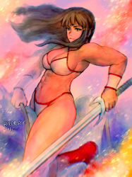 Rule 34 | 1girl, 2021, 20s, abs, bikini, boots, breasts, brown eyes, brown hair, cleavage, golden axe, highres, holding, large breasts, long hair, looking at viewer, navel, quasimodox, red footwear, riding, sega, sitting, swimsuit, sword, tyris flare, weapon, white bikini, wristband