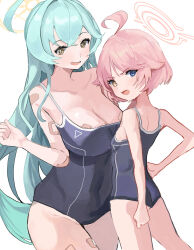 Rule 34 | 2girls, absurdres, abydos high school swimsuit, ahoge, ass, bad anatomy, bare arms, bare legs, bare shoulders, black one-piece swimsuit, blue archive, blue eyes, blush, breasts, cleavage, ggab0621, green hair, hair between eyes, halo, highres, hoshino (blue archive), hoshino (young) (blue archive), huge ahoge, large breasts, long hair, multiple girls, one-piece swimsuit, open mouth, pink hair, pink halo, school swimsuit, short hair, simple background, small breasts, swimsuit, white background, yellow eyes, yellow halo, yume (blue archive)