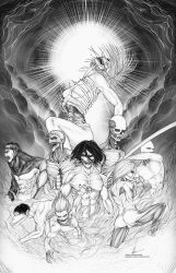 Rule 34 | 2girls, 6+boys, abs, absurdres, armored titan, beast titan, cart titan, colossal titan, female titan, fighting stance, full body, giant, giant male, giantess, greyscale, highres, holding, holding weapon, jaw titan, looking at viewer, marvin (omarvin), monochrome, monster, multiple boys, multiple girls, muscular, muscular female, muscular male, pectorals, ribs, roaring, rogue titan, shingeki no kyojin, short hair, steam, titan (shingeki no kyojin), war hammer titan, weapon
