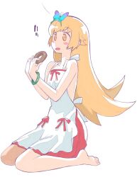 Rule 34 | 1girl, backless dress, backless outfit, bare shoulders, barefoot, blonde hair, blue butterfly, blush stickers, breasts, bug, butterfly, commentary, doughnut, dress, food, full body, green bracelet, green butterfly, highres, holding doughnut, insect, kikumaru bunta, kneeling, long hair, monogatari (series), on ground, open mouth, oshino shinobu, pink dress, purple butterfly, raised eyebrows, simple background, sleeveless, sleeveless dress, small breasts, soles, solo, sundress, surprised, swallowtail butterfly, toes, translated, white background, white dress, yellow eyes