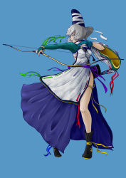 Rule 34 | 1girl, absurdres, adapted costume, aged up, arrow (projectile), asymmetrical clothes, blue background, boots, bow (weapon), bracelet, breasts, bridal gauntlets, chongtian yixiao shualuanfei, colored eyelashes, dark-skinned female, dark skin, dress, full body, hat, highres, jewelry, lipstick, long sleeves, makeup, mononobe no futo, open mouth, ponytail, quiver, ribbon, sarashi, silver hair, simple background, solo, tate eboshi, touhou, weapon