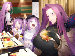 Rule 34 | 4girls, blush, breasts, burger, eating, euryale (fate), fate/grand order, fate/hollow ataraxia, fate/stay night, fate (series), food, forehead, french fries, gorgon (fate), large breasts, long hair, medusa (fate), medusa (rider) (fate), minami koyogi, multiple girls, open mouth, parted bangs, purple eyes, purple hair, rider, sidelocks, small breasts, smile, snake hair, stheno (fate), twintails, very long hair