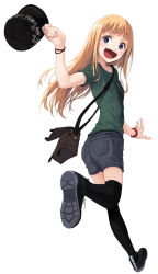 Rule 34 | 1girl, :d, ass, bag, baseball cap, black hat, black thighhighs, blonde hair, bracelet, clothes writing, fang, floating hair, from side, green shirt, hat, highres, holding, holding clothes, holding hat, jewelry, long hair, looking back, open mouth, original, purple eyes, ryuunosuke (luckyneco), shirt, shoes, shorts, shoulder bag, simple background, smile, sneakers, solo, t-shirt, thighhighs, unworn hat, unworn headwear, v-shaped eyebrows, white background