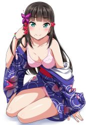 Rule 34 | 10s, 1girl, animal print, aqua eyes, black hair, blunt bangs, blush, bra, bracelet, breasts, butterfly hair ornament, cleavage, clothes down, commentary request, fish print, flower, hair flower, hair ornament, hand in own hair, highres, japanese clothes, jewelry, kimono, kurosawa dia, long hair, looking at viewer, love live!, love live! school idol festival, love live! sunshine!!, medium breasts, mole, mole under mouth, nail polish, obi, open clothes, panties, pink bra, pink nails, pink panties, sash, sitting, smile, solo, underwear, white background, yopparai oni