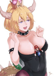 Rule 34 | 1girl, armlet, bare shoulders, between breasts, blonde hair, blouse, blue eyes, blue overalls, blush, bowsette, bracelet, breasts, cleavage, collar, colored eyelashes, crown, dress, earrings, hat, heart, heart-shaped pupils, highres, horns, jewelry, large breasts, leotard, long hair, looking at viewer, mario, mario (series), mini person, miniboy, new super mario bros. u deluxe, nintendo, overalls, pantyhose, pointy ears, red hat, red shirt, sharp teeth, shirt, short hair, solo, spiked armlet, spiked bracelet, spiked collar, spiked shell, spiked tail, spikes, super crown, symbol-shaped pupils, tail, teeth, turtle shell