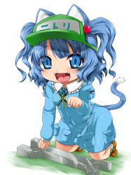 Rule 34 | 1girl, all fours, amau (kosmos), animal ears, bad id, bad pixiv id, blue dress, blue eyes, blue hair, blue skirt, blush, cat ears, cat girl, cat tail, chibi, dress, fangs, female focus, hair bobbles, hair ornament, hat, highres, kawashiro nitori, kemonomimi mode, matching hair/eyes, open mouth, paw pose, skirt, solo, tail, touhou, twintails, two side up, wrench
