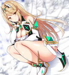 Rule 34 | 1girl, bare shoulders, blonde hair, blush, boots, breasts, cleavage, cleavage cutout, clothing cutout, cloud, dress, earrings, elbow gloves, gem, gloves, hair ornament, headpiece, highres, jewelry, large breasts, legs, long hair, looking at viewer, mythra (xenoblade), nintendo, noeomi, shadow, shiny skin, short dress, smile, solo, swept bangs, thick thighs, thighs, tiara, very long hair, white gloves, xenoblade chronicles (series), xenoblade chronicles 2, yellow eyes