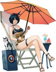Rule 34 | 1girl, bare shoulders, bikini, black bikini, black choker, black hair, blue eyes, bracelet, breasts, cat, chair, choker, cleavage, cup, drink, food, fruit, full body, guitar, hairband, holding, holding guitar, holding instrument, instrument, iron saga, jewelry, medium breasts, music, official alternate costume, official art, orange umbrella, playing guitar, playing instrument, sandals, sawano hiroko (iron saga), sitting, solo, swimsuit, thigh strap, third-party source, transparent background, umbrella, underboob, watermelon, watermelon slice
