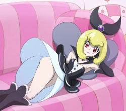 Rule 34 | 1girl, black gloves, blonde hair, closed mouth, couch, elbow gloves, gloves, happinesscharge precure!, haruyama kazunori, lips, looking at viewer, lying, no panties, on side, precure, queen mirage, red eyes, short hair, solo, thighs