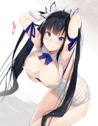 Rule 34 | 10s, 1girl, areola slip, armpits, arms behind head, arms up, bent over, black hair, blue eyes, blush, breasts, cleavage, dungeon ni deai wo motomeru no wa machigatteiru darou ka, dutch angle, gloves, hanging breasts, heart, heart-shaped pupils, hestia (danmachi), hews, highres, huge breasts, large breasts, long hair, looking at viewer, rain, raised eyebrow, rei no himo, smile, solo, symbol-shaped pupils, thighs, twintails, very long hair, wet, wet clothes, white gloves