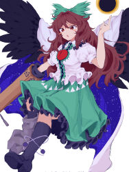 Rule 34 | 1girl, :o, absurdres, arm cannon, asymmetrical footwear, atom, bird wings, black footwear, black socks, black sun, black wings, blush, blush stickers, bow, breasts, brown eyes, brown hair, buttons, cape, center frills, collared shirt, commentary request, control rod, frilled shirt collar, frilled skirt, frills, full body, green bow, green skirt, hair between eyes, hair bow, highres, index finger raised, kneehighs, long bangs, long hair, looking afar, medium breasts, mismatched footwear, mugi (mugimugi 9kv), open mouth, pointing, pointing up, print cape, puffy short sleeves, puffy sleeves, reiuji utsuho, shirt, shoes, short sleeves, simple background, single shoe, skirt, socks, solo, starry sky print, sun, third eye, touhou, wavy hair, weapon, white background, white cape, white shirt, wings