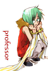 Rule 34 | 1boy, animal, animal around neck, bangle, black footwear, bracelet, character name, commentary request, detached sleeves, fox, full body, glasses, green eyes, green hair, hands on own cheeks, hands on own face, jewelry, koshou (maayan), looking at viewer, male focus, open mouth, pants, professor (ragnarok online), ragnarok online, red shirt, shirt, shoes, short hair, simple background, sleeveless, sleeveless shirt, smile, solo, squatting, striped sleeves, white background, white pants, white sleeves, yellow sleeves