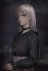 Rule 34 | 1girl, black background, black choker, black shirt, choker, commentary request, earrings, grey eyes, grey hair, high-waist skirt, highres, jewelry, lace, lace choker, lips, long hair, long sleeves, looking at viewer, nose, original, portrait, puffy sleeves, shirt, simple background, skirt, solo, triangle earrings, upper body, usukuchi (impasto life)