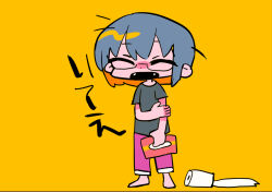 Rule 34 | 1girl, ^ ^, barefoot, black shirt, black sleeves, box, closed eyes, colored inner hair, commentary request, fangs, full body, grey hair, holding, holding box, holding own arm, multicolored hair, open mouth, orange hair, original, pants, purple pants, shirt, short hair, short sleeves, simple background, solo, t-shirt, terada tera, tissue box, toilet paper, yawning, yellow background