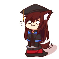 Rule 34 | 1girl, :3, ^^^, animal ear fluff, animal ears, black hat, brooch, brown hair, chibi, closed mouth, full body, hair between eyes, hat, imaizumi kagerou, jewelry, long hair, long sleeves, mortarboard, o o, simple background, solo, standing, tail, tail wagging, touhou, v-shaped eyebrows, white background, wolf ears, wolf tail, wool (miwol)