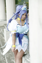Rule 34 | 1girl, ankle boots, asian, blue eyes, blue hair, boots, bow, bracelet, breasts, choker, chouzuki maryou, cosplay, cure diamond (cosplay), dokidoki! precure, dress, headpiece, highres, jewelry, large breasts, long hair, magical girl, matching hair/eyes, photo (medium), plump, ponytail, precure, puffy short sleeves, puffy sleeves, ribbon, short sleeves, solo, tiara