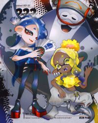 Rule 34 | 1boy, 2girls, absurdres, anniversary, big man (splatoon), black pants, blonde hair, blue hair, blue shawl, cephalopod eyes, chest sarashi, clothing cutout, colored eyelashes, copyright name, dark-skinned female, dark skin, dated, earrings, end (7 d w), eyelashes, folding fan, frye (splatoon), gradient hair, hachimaki, hair over one eye, hand fan, harem pants, headband, highres, holding, holding fan, inkling, long hair, long pointy ears, looking at viewer, multicolored hair, multiple girls, nejiri hachimaki, nintendo, octoling, open mouth, pants, pointy ears, red eyes, red pupils, sarashi, shawl, shiver (splatoon), signature, smile, socks, splatoon (series), splatoon 3, squatting, star-shaped pupils, star (symbol), symbol-shaped pupils, teeth, tentacle hair, thick eyebrows, tooth earrings, torn clothes, torn pants, two-tone hair, very dark skin, white pants, white socks, yellow eyes, yellow pupils, yellow shawl