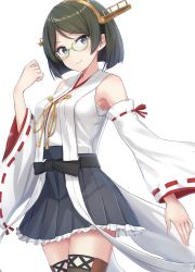 Rule 34 | 1girl, bare shoulders, black hair, blue eyes, blush, breasts, glasses, grey skirt, headgear, highres, japanese clothes, kantai collection, kirishima (kancolle), kirishima kai ni (kancolle), large breasts, looking at viewer, monoku, nontraditional miko, ribbon-trimmed sleeves, ribbon trim, simple background, skirt, smile, solo, thighhighs, white background, wide sleeves