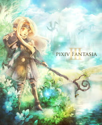 Rule 34 | armor, bad id, bad pixiv id, blonde hair, book, castle, cloud, day, dragon, earrings, fingerless gloves, gloves, grass, headband, jewelry, long hair, nature, pixiv fantasia, pixiv fantasia 3, pointy ears, red eyes, sky, smile, solo, staff, standing, sui (petit comet), tree, water