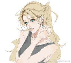 Rule 34 | 1girl, aespa, blonde hair, blue eyes, breasts, chinese commentary, collarbone, earrings, grey tank top, hair behind ear, hair between eyes, hand on own neck, head tilt, heart, heart earrings, highres, jewelry, k-pop, karina (aespa), long hair, medium breasts, mole, mole under mouth, parted lips, ponytail, portrait, real life, shenhu xiao longxia wei fanqie niunan guamian, simple background, sketch, solo, tank top, weibo logo, weibo watermark, white background