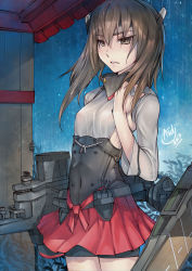 Rule 34 | 10s, 1girl, asdj, bike shorts, brown eyes, brown hair, covered erect nipples, cowboy shot, empty eyes, flat chest, flight deck, hair between eyes, headband, headgear, highres, kantai collection, long hair, long sleeves, machinery, muneate, parted lips, pleated skirt, rain, red skirt, see-through, see-through silhouette, shirt, skirt, solo, taihou (kancolle), turret, wet, wet clothes, wet hair, wet shirt