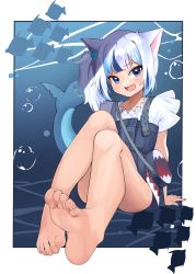 Rule 34 | 1girl, absurdres, animal ears, bare legs, barefoot, blue eyes, blue hair, blunt bangs, blush, border, bubble, cat ears, cat girl, commentary request, convenient censoring, convenient leg, feet, fins, fish, fish tail, foot focus, frilled sleeves, frills, gawr gura, gawr gura (casual), grey hair, highres, hololive, hololive english, legs, legs together, long hair, looking at viewer, multicolored hair, official alternate costume, open mouth, qwas69, shadow, shark girl, shark tail, shirt, short sleeves, side ponytail, sidelocks, sitting, soles, solo, streaked hair, tail, teeth, toes, tropical fish, underwater, upper teeth only, virtual youtuber, white border, white hair, white shirt
