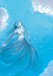 Rule 34 | 1girl, absurdres, bare shoulders, blue hair, closed eyes, cloud, dress, eyes visible through hair, fantasy, highres, liquid hair, long hair, monster girl, open mouth, original, pale skin, partially submerged, reflection, ro g (oowack), see-through, see-through dress, solo, water