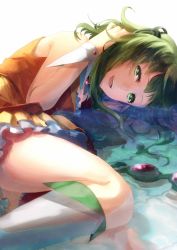 Rule 34 | 1girl, bare shoulders, boots, bridal garter, goggles, green eyes, green hair, gumi, hand on own head, headphones, legs, lying, matching hair/eyes, on side, open mouth, shion (kizuro), short hair, skirt, sleeveless, smile, solo, submerged, unworn goggles, vocaloid, water, wet, wet clothes, wrist cuffs