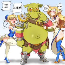Rule 34 | 1boy, 2019, 2girls, arm hug, armlet, armor, asymmetrical clothes, belly, blonde hair, blue eyes, blue legwear, blush, boots, bracelet, breasts, chinese zodiac, cleavage, colored skin, detached sleeves, ear piercing, earrings, english text, closed eyes, tooth necklace, fangs, green skin, happy new year, high heel boots, high heels, highres, jewelry, kawa-v, large breasts, leg up, long hair, looking at another, monster boy, multiple girls, navel, necklace, new year, open mouth, orc, original, piercing, pointy ears, shoulder armor, skirt, small breasts, smile, snout, speech bubble, standing, stomach, strap, thick thighs, thigh boots, thighhighs, thighs, tiptoes, white legwear, wrist wrap, year of the pig