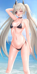 1girl :d absurdres arm_behind_head arm_up bare_arms benzhu_(benzhu0617) bikini black_bikini black_choker blue_sky breasts choker day djmax djmax_respect eyepatch fail_(djmax) feet_out_of_frame front-tie_bikini_top front-tie_top grey_hair highres legs_apart long_hair looking_at_viewer medium_breasts navel ocean one_eye_covered open_mouth outdoors red_eyes side-tie_bikini_bottom sideboob sky smile solo standing string_bikini swimsuit twintails underboob very_long_hair wading