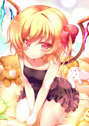 Rule 34 | 1girl, black dress, blush, bow, collarbone, dress, flandre scarlet, gaga, hair bow, highres, looking at viewer, pink eyes, side ponytail, sitting, slit pupils, solo, strapless, strapless dress, stuffed animal, stuffed rabbit, stuffed toy, teddy bear, touhou, v arms, wariza, wings