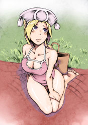Rule 34 | 1girl, bad id, bad pixiv id, bare shoulders, barefoot, blonde hair, blush, breasts, cleavage, feet, female focus, final fantasy, final fantasy tactics, from above, hat, long hair, looking up, medium breasts, one-piece swimsuit, orator (fft), purple eyes, sitting, solo, swimsuit, thigh gap, tsukudani (coke-buta)