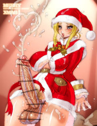Rule 34 | 1futa, bar censor, blonde hair, blue eyes, blush, bottomless, breasts, censored, christmas, covered erect nipples, cum, cum on body, ejaculation, erection, from below, full-package futanari, futanari, handsfree ejaculation, huge breasts, huge penis, large breasts, large penis, long hair, no bra, no panties, open clothes, open mouth, open shirt, penis, penis ribbon, plump, pointless censoring, precum, pubic hair, ribbon, sannengumi kinpenisensei, santa costume, shirt, smile, solo, sweat, testicles, thick thighs, thighs, veins, veiny penis