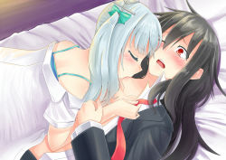 Rule 34 | 10s, 2girls, bare shoulders, bed, black hair, blush, closed eyes, commentary request, grey hair, hair ribbon, hatsushimo (kancolle), kantai collection, kasumi (kancolle), multiple girls, one eye closed, open mouth, partially undressed, red eyes, ribbon, yuri, zaki (2872849)