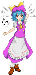 Rule 34 | 1girl, apron, ascot, blue hair, blush, bow, breasts, brown footwear, buttons, clothes writing, collared shirt, commentary, commission, commissioner upload, dr. addamelech, english commentary, frilled apron, frilled bow, frilled sleeves, frills, full body, hat, hat bow, highres, loafers, long skirt, maid apron, mob cap, musical note, open mouth, original, puffy short sleeves, puffy sleeves, purple hat, purple skirt, purple vest, red eyes, shirt, shoes, short hair, short sleeves, simple background, skirt, small breasts, socks, spanish text, standing, teeth, touhou, upper teeth only, vest, waist apron, white apron, white background, white shirt, white socks, yellow ascot, yellow bow