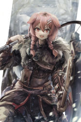 Rule 34 | 1girl, absurdres, animal ears, armor, assassin&#039;s creed (series), axe, bone hair ornament, bow (weapon), braid, brown eyes, brown hair, dog ears, dog girl, fur, hair between eyes, hair ornament, highres, holding, holding weapon, hololive, inugami korone, leather armor, long hair, looking at viewer, open mouth, snow, solo, twin braids, virtual youtuber, vyragami, weapon