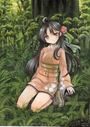 Rule 34 | 10s, 1girl, against tree, ahoge, ayanokoji himeno, black hair, brown eyes, colored pencil (medium), floral print, flower, forest, hair flower, hair ornament, japanese clothes, kimono, leaning back, long hair, long sleeves, looking at viewer, love live!, love live! school idol project, mosho, nature, obi, painting (medium), sash, seiza, sitting, smile, solo, traditional media, tree, very long hair, watercolor (medium), wide sleeves