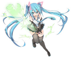 Rule 34 | 1girl, aqua eyes, bibi02, blue hair, boots, detached sleeves, full body, hatsune miku, headset, highres, long hair, looking at viewer, microphone, necktie, open mouth, pleated skirt, simple background, skirt, solo, spring onion, sword, thigh boots, thighhighs, twintails, very long hair, vocaloid, weapon, white background