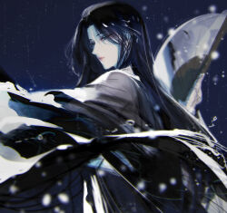 Rule 34 | 1girl, black hair, closed mouth, dark, expressionless, from side, haban (haban35), half-closed eyes, hand fan, highres, holding, holding fan, long hair, long sleeves, night, pale skin, return of the mount hua sect, snowing, solo, upper body, white uniform, yu iseol (return of the mount hua sect)
