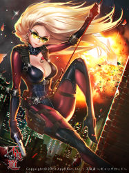 Rule 34 | 1girl, blonde hair, bodysuit, breasts, cleavage, dated, explosion, furyou michi ~gang road~, gun, handgun, high heels, lips, lipstick, long hair, makeup, pouch, rappelling, shards, solo, sparkle, sunglasses, tattoo, ukero, weapon