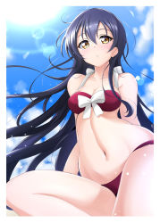 Rule 34 | 1girl, :o, artist name, artist request, bare legs, bare shoulders, bikini, blue hair, blue sky, blush, bow, bow bikini, bowtie, breasts, cloud, collarbone, day, female focus, hair between eyes, highres, kirisaki reina, long hair, looking at viewer, love live!, love live! school idol project, medium breasts, outdoors, parted lips, red bikini, sky, smile, solo, sonoda umi, sun, sunlight, swimsuit, white bow, yellow eyes