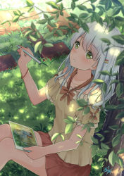 Rule 34 | 1girl, artist self-reference, bare shoulders, blurry, blush, bow, bracelet, collarbone, dappled sunlight, depth of field, drawing, feet out of frame, green eyes, grey hair, hair ornament, hairclip, holding, holding stylus, jewelry, knees up, leaf, long hair, looking at viewer, looking up, miko fly, off-shoulder shirt, off shoulder, open mouth, original, pleated skirt, red skirt, shadow, shirt, signature, sitting, skirt, solo, stylus, sunlight, tablet pc, tree, under tree