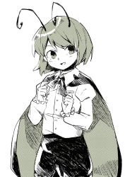 Rule 34 | 1girl, :d, antennae, bow, bowtie, cape, collared shirt, cowboy shot, green theme, juliet sleeves, long sleeves, looking at viewer, monochrome, open mouth, pants, puffy sleeves, sasa kichi, shirt, short hair, simple background, smile, solo, standing, touhou, white background, wing collar, wriggle nightbug