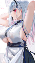 Rule 34 | 1girl, absurdres, adjusting hair, anchor choker, anchor necklace, apron, armpits, arms behind head, arms up, azur lane, black hairband, breasts, center frills, clothing cutout, dido (azur lane), earrings, frills, from side, hairband, highres, jewelry, long hair, looking at viewer, lshiki, mouth hold, necklace, red eyes, underboob, underboob cutout, upper body, waist apron, white apron, white background